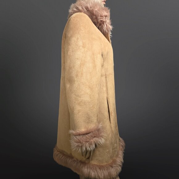 Vintage 90s Penny Lane Coat Beige Faux Fur Faux Suede Size L Knee Length Boho - Picture 6 of 12